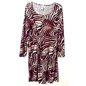 Marc Bouwer Dress L Animal Print Black Brown Bodycon Ruched Stretch Knit Sleeves
